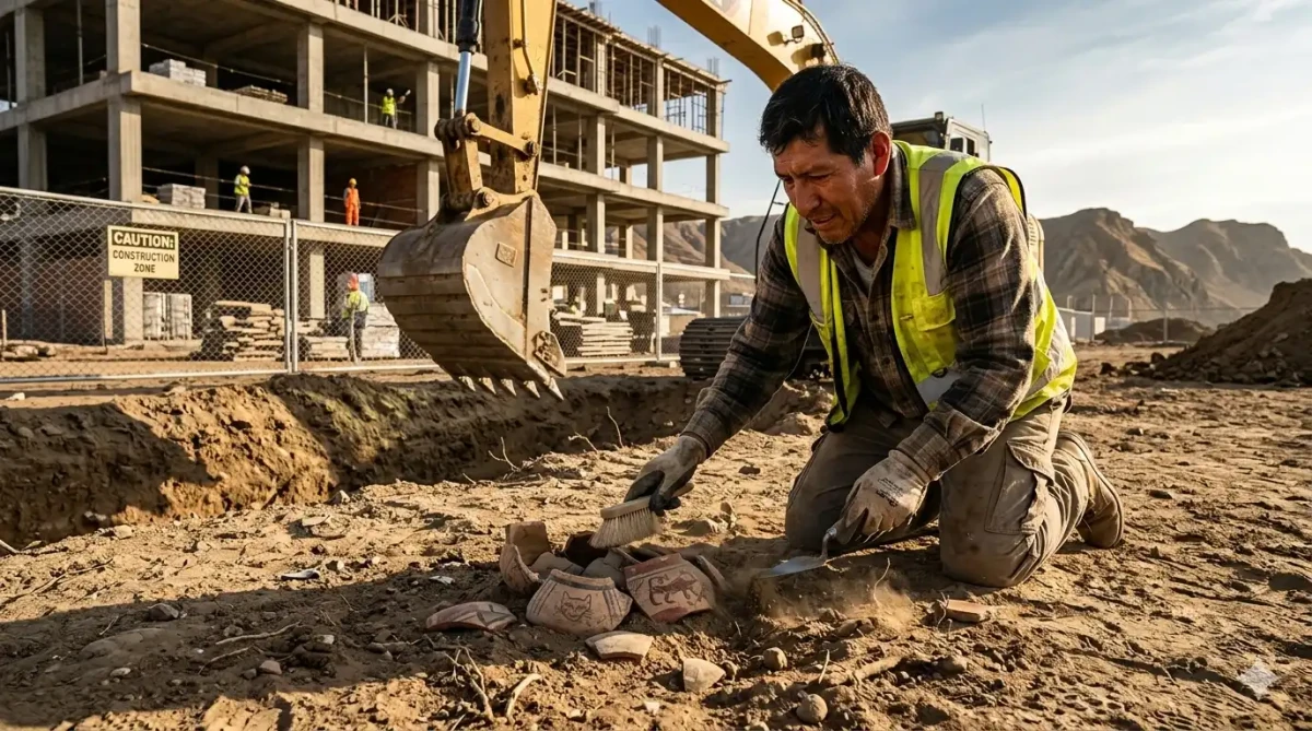 Arqueólogo descubriendo restos arqueológicos en terreno de obra en Perú antes de proyecto de construcción